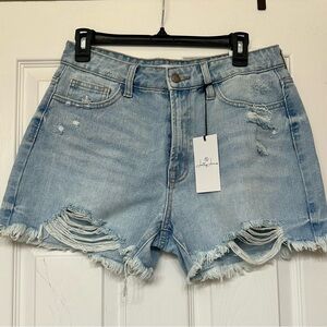 NEW Jelly Jeans SHORTS Women's Large Distressed Blue Mid Rise Denim + Fray NWT